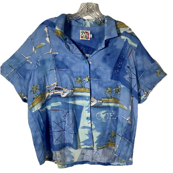 Vintage Jams World Catamaran Hawaiian Button Up Shirt Blue Womens Sz XL Tropical - Picture 1 of 11